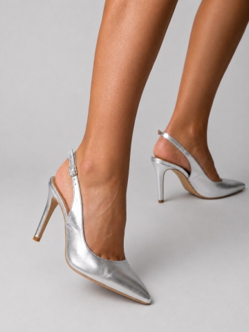 Pantofi Stiletto cu toc subtire Massika, piele naturala, argintii