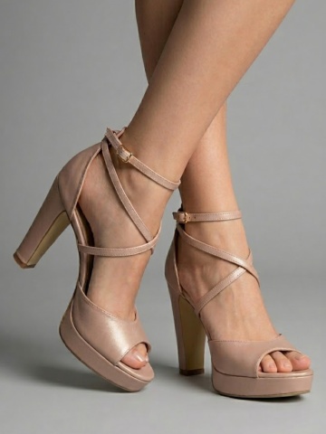 Sandale Bogota Mistic cu toc mic gros, piele naturala, nude sidef