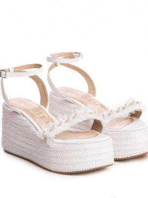 Sandale cu platforma Aveline albe cu perle