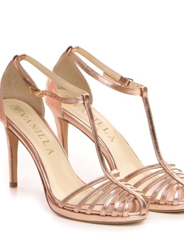 Sandale Evelyn cu toc mic subtire, piele naturala, sampanie