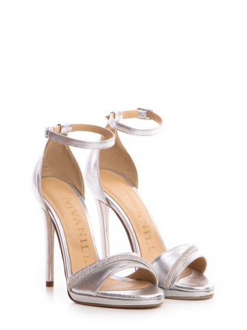 Sandale Gabrielle cu toc mic subtire, piele naturala argintie si cristale
