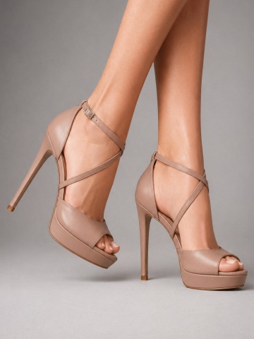 Sandale Manila cu toc subtire, piele naturala, nude sidef