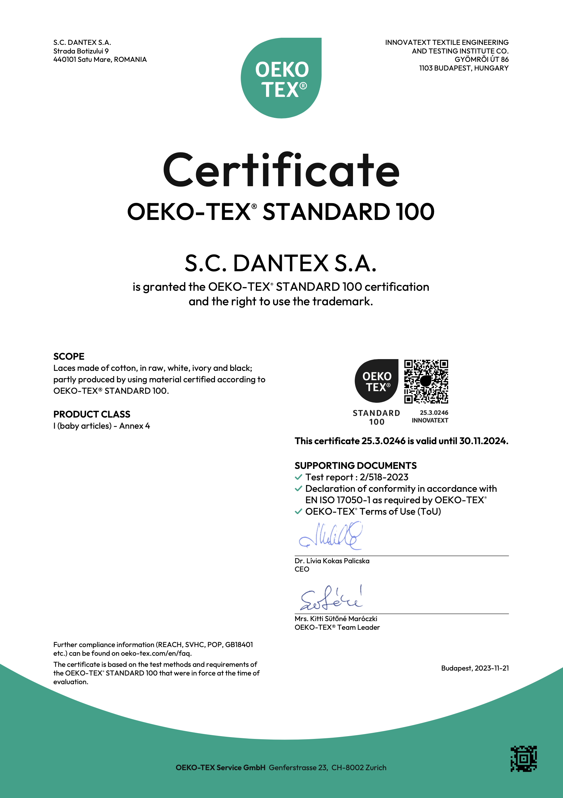 eDantex quality certificate