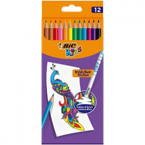 Creioane lungi colorate, extra rezistente cu radiera Bic Evolution Illusion 12 culori