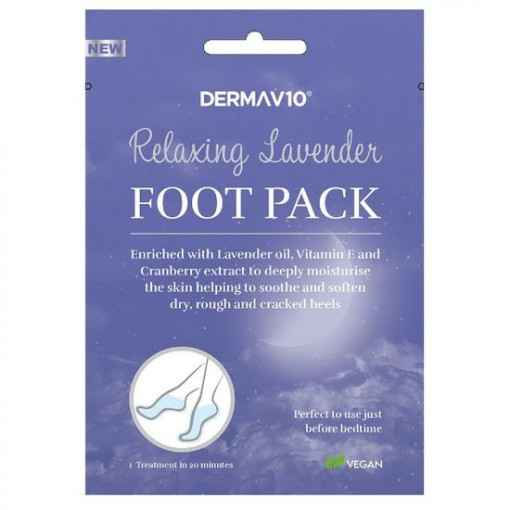 Sosete hidratante cu ulei de lavanda DermaV10 Relaxing Lavender Foot Pack 1 pereche