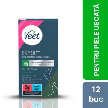 Benzi depilatoare cu ceara, piele uscata Veet Expert cu Aloe Vera 12 buc