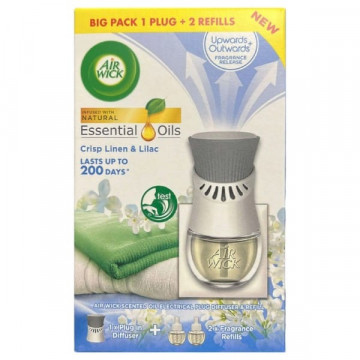 Odorizant de camera electric Air Wick Essential Oils Crisp Linen & Liliac aparat + 2 rezerve x 19 ml