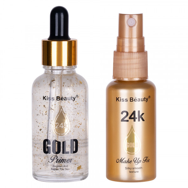 Set 2 in 1 Primer Machiaj + Spray Fixare Machiaj Kiss Beauty 24K Gold