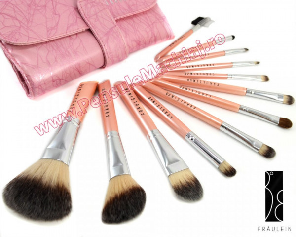 Set 12 Pensule Machiaj Profesionale Pink Premium Fraulein38