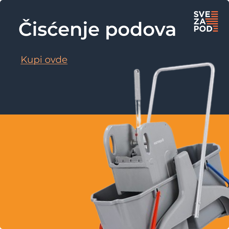 Baner za kategoriju proizvoda "čišćenje podova" sa fotografijom kolica za čišćenje podova i dugmetom za kupovinu.