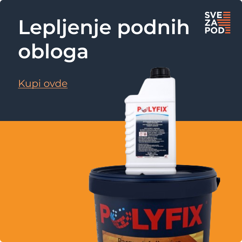 Baner za kategoriju proizvoda "lepljenje podnih obloga" sa fotografijom dvokomponentnog lepila za parket i dugmetom za kupovinu.
