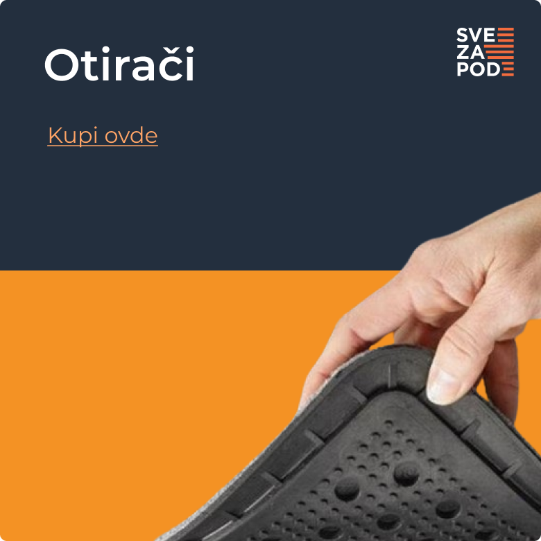 Baner za kategoriju proizvoda "otirači" sa fotografijom ruke koja podiže otirač i dugmetom za kupovinu.