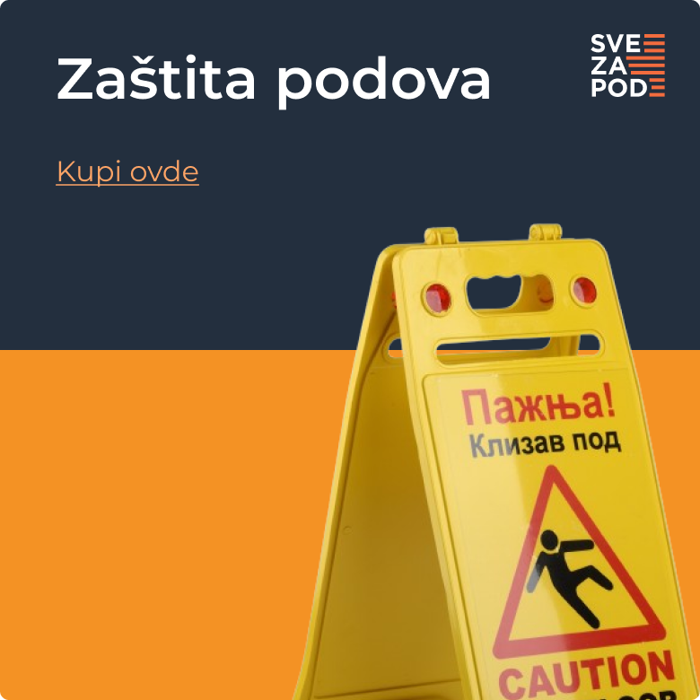 Baner za kategoriju proizvoda "zaštita podova" sa fotografijom žutog znaka klizav pod i dugmetom za kupovinu.