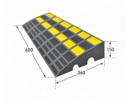 Grafički prikaz dimenzija gumene rampe za ivičnjak-nagazna širina 630mm x širina 360mm x visina 150mm