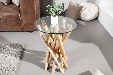 Design bijzettafel DRIFTWOOD 40cm teak met glazen blad ronde salontafel - Img 6