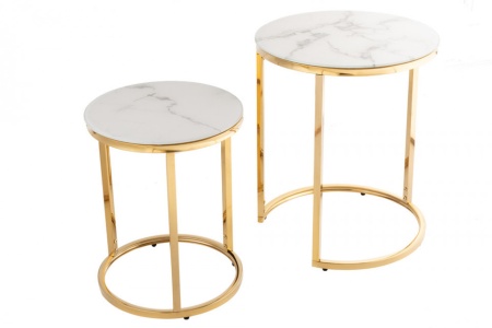 Design bijzettafel set van 2 ELEGANCE 50cm wit kristalglas met marmer decor gouden frame - Img 8