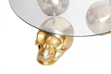 Design salontafel SKULL XXL 90 cm goud rond glazen blad metalen schedel handgemaakt - Img 4