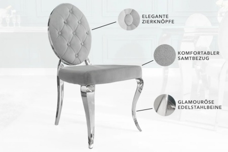 Elegante stoel MODERN BAROK edelgrijs fluweel met knopen roestvrijstalen poten - Img 8
