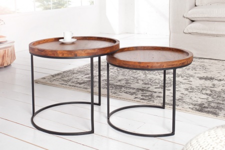 Industriële set van 2 bijzettafels ELEMENTS 55 cm acacia massief hout steen afwerking - Img 3