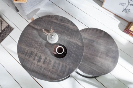 Industriële set van 2 bijzettafels ELEMENTS 57cm mangohout grijs massief hout - Img 3