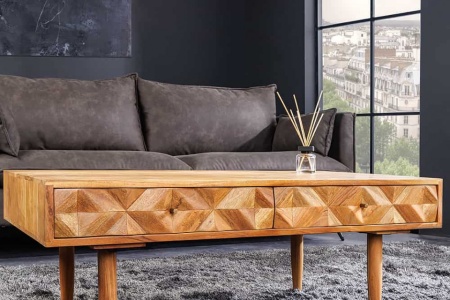 Massief houten salontafel ALPINE 102 cm natuurlijke acaciahoningafwerking met opbergladen - Img 4