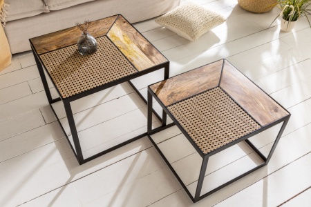 massiev mangohout salontafels VIENNA LOUNGE set van twee 50 cm met vlechtwerk - Img 4