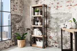 Massieve design boekenkast FACTORY 180cm acacia teak grijs wit gehoogd met metalen behuizing