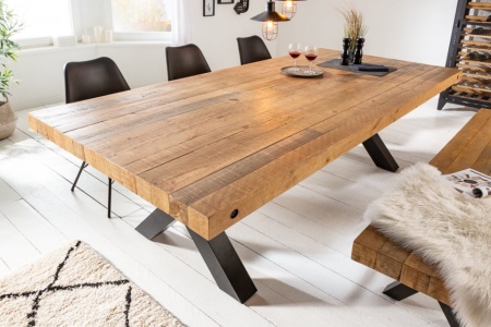 Massieve eettafel ROAD 200cm naturel gerecycled grenen industrieel design X-frame - Img 4