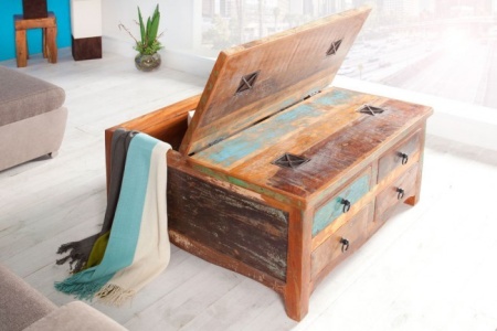 Massieve salontafel van gerecyclede houten vissersboten JAKARTA 70cm kleurrijke met lades - Img 3