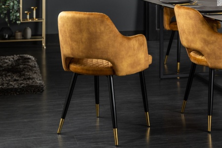 Moderne stoel mosterdgeel met decoratieve quilten en gouden voetdoppen - Img 4