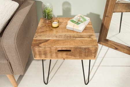 Retro bijzettafel 50cm mangohouten haarspeldpoten met lade - Img 4