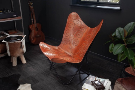 Retro loungestoel BUTTERFLY lichtbruine lederen bekleding met decoratieve klinknagels - Img 3