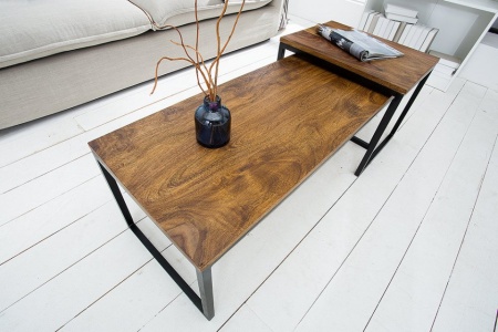 Set van 2 design salontafels ELEMENTS 100 cm metalen frame met sheeshamsteen afwerking - Img 2