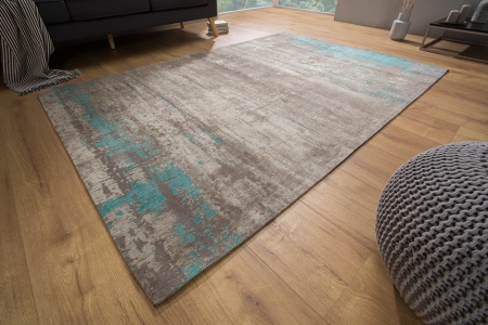 Vintage katoenen vloerkleed 240x160cm blauw grijs verwassen gebruikte look - Img 3