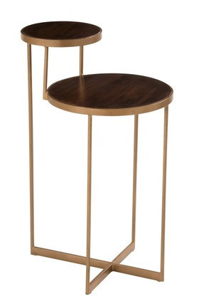 Bijzettafel 2 niveaus metaal /Mango Hout Goud/Donker Bruin