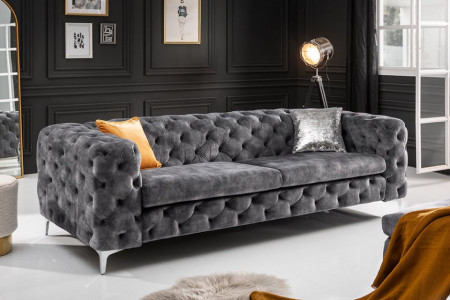 Chesterfield stof Fluweel donkergrijs 3-zitsbank 235 cm