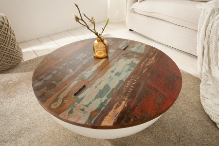 Design salontafel JAKARTA 70cm wit rond gemaakt van gerecyclede vissersboten met opbergruimte - Img 5