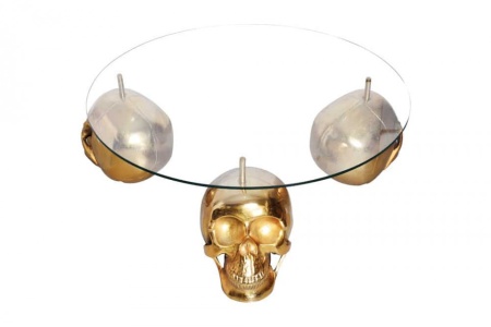 Design salontafel SKULL XXL 90 cm goud rond glazen blad metalen schedel handgemaakt - Img 5