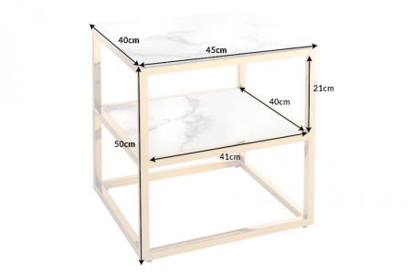 Elegante bijzettafel BOUTIQUE 45cm wit kristalglas met marmeren decor gouden frame nachtkastje - Img 2