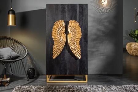 Extravagante hoge kast ANGEL 70 cm zwart mangohout met gouden vleugels - Img 3