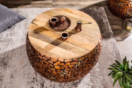 Handgemaakte set van 2 salontafels STONE MOSAIC 65cm koper acacia hout mozaïek look - Img 3
