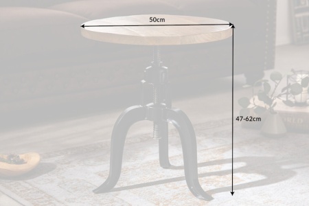 Height adjustable side table ENGINEER 50cm mango wood industrial design solid round iron - Img 3