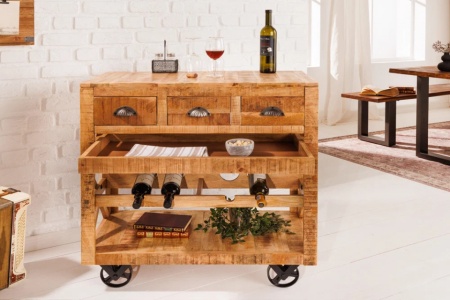 Industriële barkast BODEGA 86 cm mangohouten trolley met wijnrek - Img 4