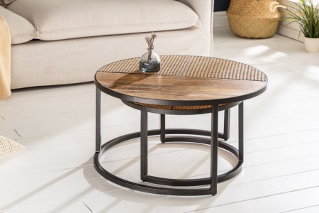 industriële mangohout salontafels set van twee VIENNA LOUNGE 70 cm rond met vlechtwerk - Img 3