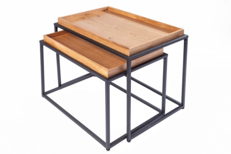 Industriële set van 2 salontafels ELEMENTS 60cm naturel eiken uitneembaar dienblad - Img 8