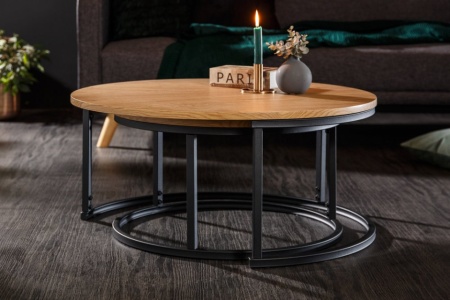 Industriële stijl Ronde eikenlook 80 cm salontafel set van 2 - Img 4
