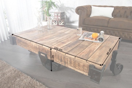 Massiev mangohout design salontafel RAILWAY 120cm met 4 wielen - Img 2