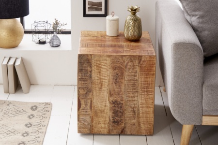 Massieve bijzettafel 40cm gevlamd mangohout op wielen - Img 3
