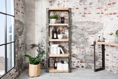 Massieve design boekenkast FACTORY 180cm acacia teak grijs wit gehoogd met metalen behuizing - Img 2