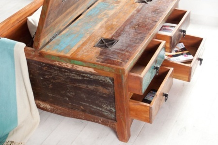 Massieve salontafel van gerecyclede houten vissersboten JAKARTA 70cm kleurrijke met lades - Img 4